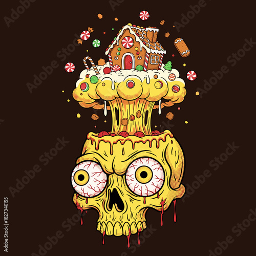 Surreal Skull Explosion with Gingerbread House and Candy.