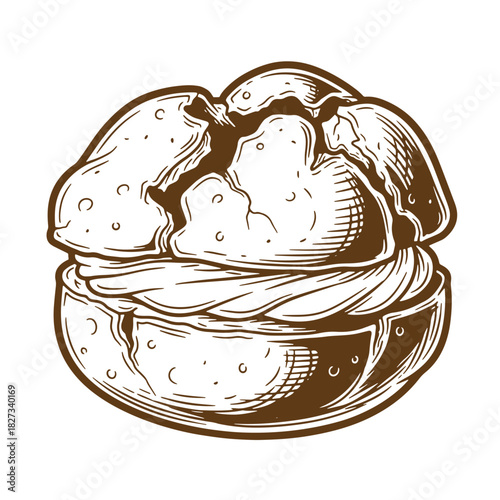 Hand drawn sketch vintage illustration of a delicious burger sandwich with layered bread and fillings