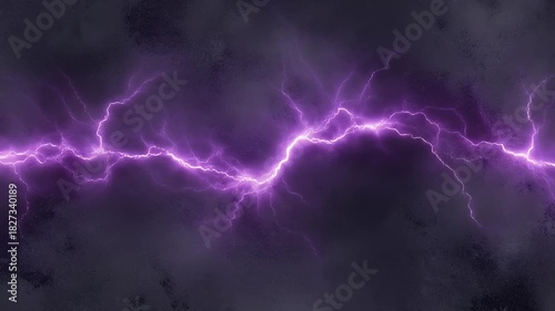 A dramatic horizontal bolt of vibrant purple lightning crackles with immense electrical energy, illuminating a dark and turbulent stormy sky with a magical glow