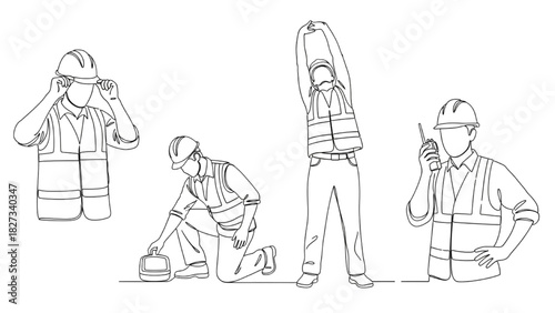 Continuous Line Construction Worker Gestures Set – Minimal Black Line Art of Hard Hat Adjusting, Stretching, Kneeling, and Walkie-Talkie Actions