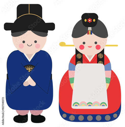 한국 전통 혼례를 하는 신랑 신부