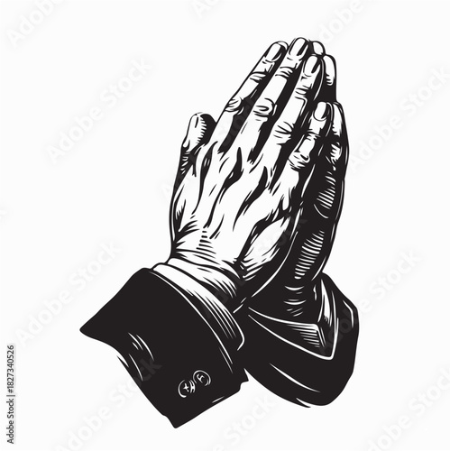 Black and white Prayer Hand. Religion symbol. Vector illustration on white background