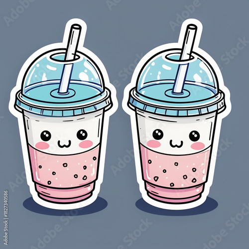 Adorable pair of kawaii pink bubble tea smoothies in cups with cute smiling faces, cartoon sticker style illustration