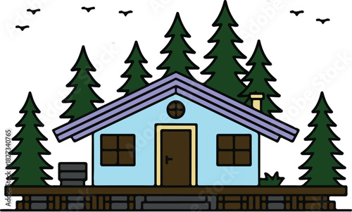 A simple, clean outline illustration of a cabin nestled within a forest. The design is isolated on a transparent background.
