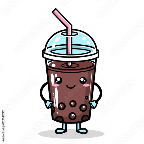 Cute Chocolate Boba Drink Cartoon with Smiling Face and Straw for Fun and Joyful Design