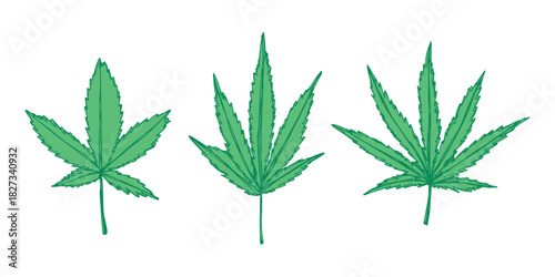 Set of hand drawn cannabis leaf Medicine marijuana Hemp leaves clipart in doodle style Single element for print, web, design, decor