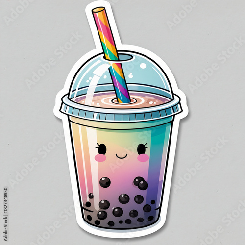 Adorable Rainbow Boba Tea Cup Sticker, a Delightful Drink with a Smiling Face and Colorful Straw