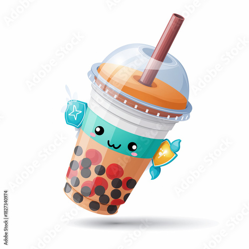 Cute kawaii bubble tea character with a smiling face and candy. Vector illustration of a boba milk tea mascot isolated on a white background