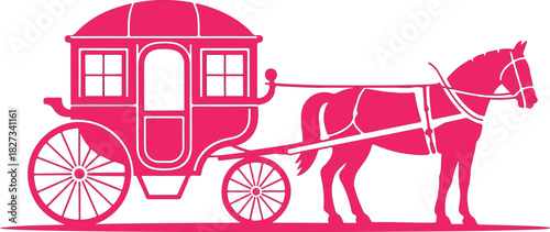 A clean, minimalist design featuring a vintage horse-drawn carriage silhouette isolated on a transparent background.