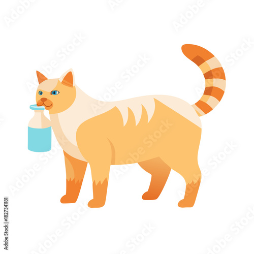 Modern Minimalist American Bobtail Icon, Flat Silhouette of a Cat with Full Body Drinking Milk Vector for Pet Illustration Design