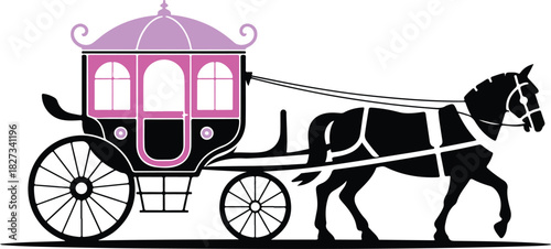 A clean, minimalist vector design featuring a vintage horse carriage. The object is isolated on a transparent background.