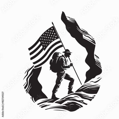 Hiker with USA Flag Silhouette Vector Illustration on White Background