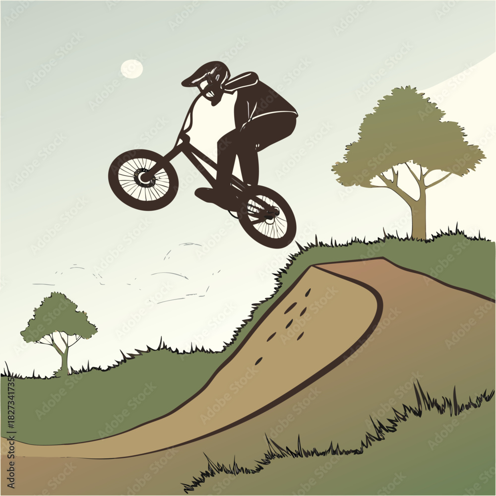 Fototapeta premium BMX Rider in Action: Capturing the energy of a BMX rider in mid-air, silhouetted against a serene sky with a touch of a natural background.