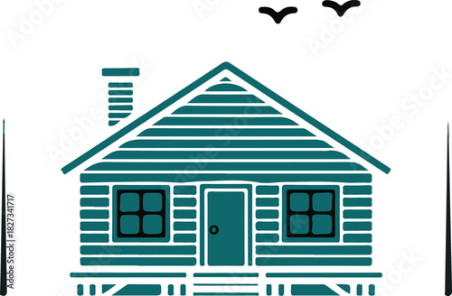 A simple, clean outline illustration of a cabin nestled within a forest setting, presented as an isolated object on a transparent background.