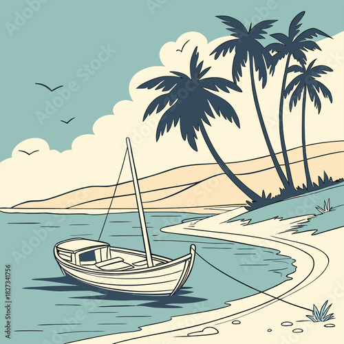 Seaside Tranquility: A solitary boat rests peacefully on the shore, anchored amidst the calm water under the shade of palm trees, evoking feelings of serenity and a serene coastal escape.