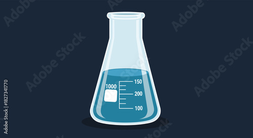 A scientific glass Erlenmeyer flask, filled with a blue chemical liquid, features measurement scales, all presented on a dark background.