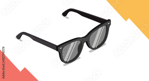 Sleek black sunglasses in an isometric vector illustration, featuring reflective lenses and a clean white background with abstract color accents.