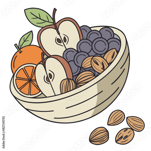 Vibrant Fruit and Nut Bowl: A colorful array of fresh, healthy fruits and nuts are beautifully arranged in a bowl, capturing the essence of a nutritious and delicious snack.