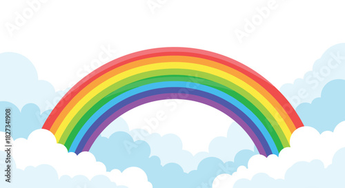 A beautiful, vibrant rainbow brightly arches across a clear sky filled with soft, fluffy clouds, creating a colorful and optimistic scene.