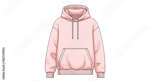 Flat vector illustration of a comfortable, oversized pink pullover hoodie featuring a front kangaroo pocket and hood drawstrings.
