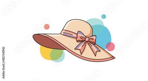 A charming light-colored sun hat with a pastel-colored bow and ribbon, set against a backdrop of soft, overlapping translucent circles.