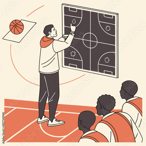 Tactical Huddle: A basketball coach guides his team through a crucial strategy session, analyzing the game plan with a determined gaze.