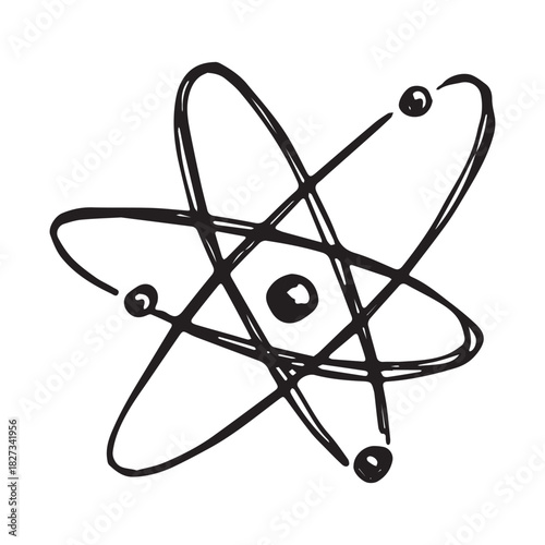 Hand drawn atom sign Molecule clipart in doodle style Single element for print, web, design, decor Symbol of science, education, nuclear energy, scientific research, molecular chemistry