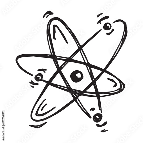Hand drawn atom sign Molecule clipart in doodle style Single element for print, web, design, decor Symbol of science, education, nuclear energy, scientific research, molecular chemistry