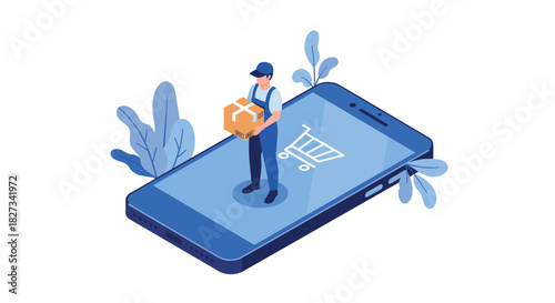 Isometric illustration of a delivery courier with a package on a smartphone screen featuring a shopping cart, depicting mobile e-commerce and delivery.