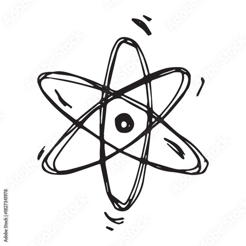 Hand drawn atom sign Molecule clipart in doodle style Single element for print, web, design, decor Symbol of science, education, nuclear energy, scientific research, molecular chemistry