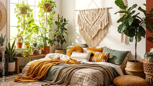 Wallpaper Mural Serene and stylish bedroom with natural light, lush plants, and bohemian decor with relaxing Torontodigital.ca