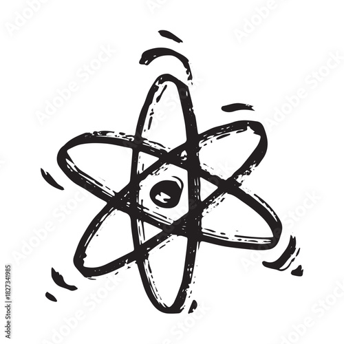 Hand drawn atom sign Molecule clipart in doodle style Single element for print, web, design, decor Symbol of science, education, nuclear energy, scientific research, molecular chemistry