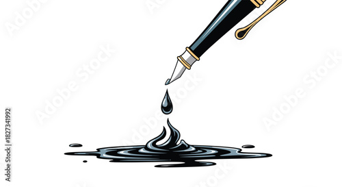 A classic fountain pen drips a drop of black ink into a swirling puddle, symbolizing writing, creativity, and the flow of ideas.