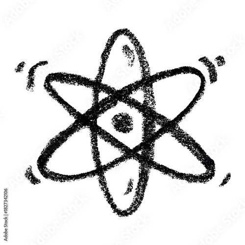 Hand drawn atom sign Molecule clipart in doodle style Single element for print, web, design, decor Symbol of science, education, nuclear energy, scientific research, molecular chemistry