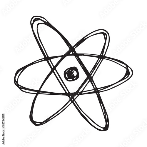Hand drawn atom sign Molecule clipart in doodle style Single element for print, web, design, decor Symbol of science, education, nuclear energy, scientific research, molecular chemistry