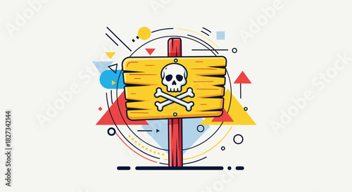 A vibrant illustration of a wooden danger sign featuring a skull and crossbones emblem, set against a modern abstract background with colorful geometric shapes.