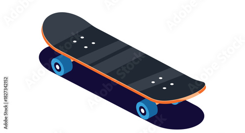 An isometric vector illustration of a skateboard featuring a dark deck, bright blue wheels, and orange edges, casting a shadow on a white background.