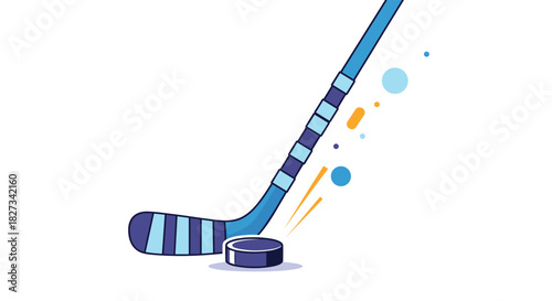 Dynamic cartoon illustration of an ice hockey stick striking a puck, with motion lines and playful abstract elements on a bright white background.
