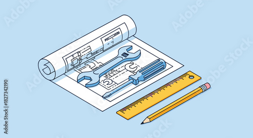 Isometric illustration of engineering and design tools on a blueprint, symbolizing planning, construction, and repair work.