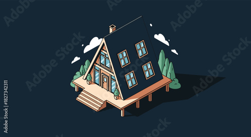 Isometric view of a modern A-frame house with a dark roof and large windows, surrounded by stylized trees under a dark sky.