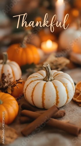 Thankful text with white decorative pumpkin, orange gourds and candles for cozy autumn Thanksgiving table setting and celebration