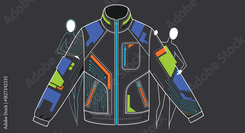 Futuristic smart jacket design showcasing integrated circuits, colorful panels, and advanced wearable technology concepts.