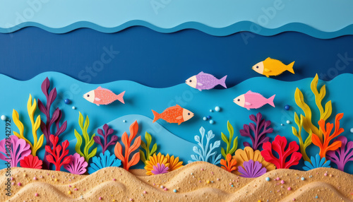 Fototapeta Naklejka Na Ścianę i Meble -  Colorful fish paper art ocean coral reef sea life underwater marine tropical decorative vibrant