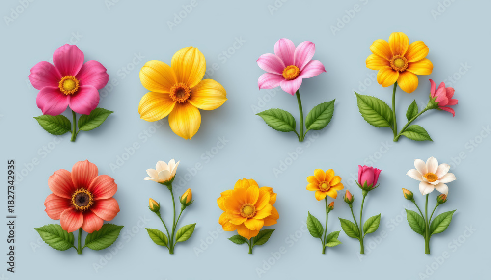 Naklejka premium Pink flower yellow flower orange flower spring bloom green leaf floral icon delicate petal pastel background joyful