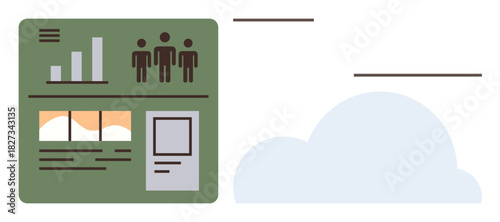 Green data dashboard with charts, figures, and details alongside a blue cloud icon, representing analytics, online storage, and connectivity. Ideal for data management, cloud technology, teamwork