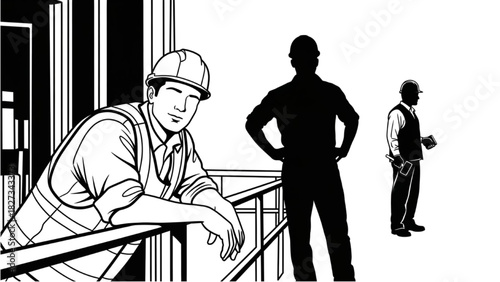Minimal Construction Worker Line Art Set – Close-Up Outlines of Leaning, Standing, and Tool-Carrying Figures