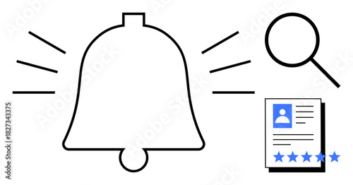 Notification bell with signal lines, magnifying glass, and profile document featuring star ratings for user alerts, reminders, reviews, recruitment, evaluation, systems, and digital platforms