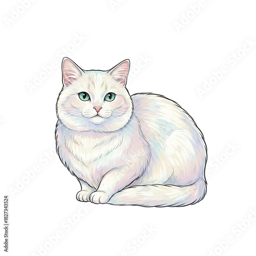 Elegant White Cat with Striking Blue Eyes Sitting Gracefully on a Transparent Background with Soft Pastel Hues in its Fur