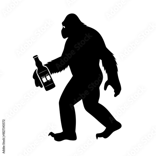 Bigfoot Sasquatch drinking beer holding six pack walking silhouette vector illustration
