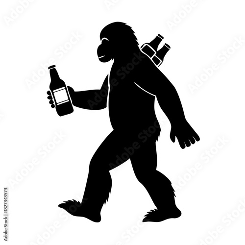 Bigfoot Sasquatch drinking beer holding six pack walking silhouette vector illustration
